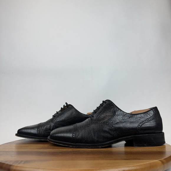 Mens Magannni Vintage Black Lizard Leather Cap Toe Dress Shoes Oxfords Size 10.5